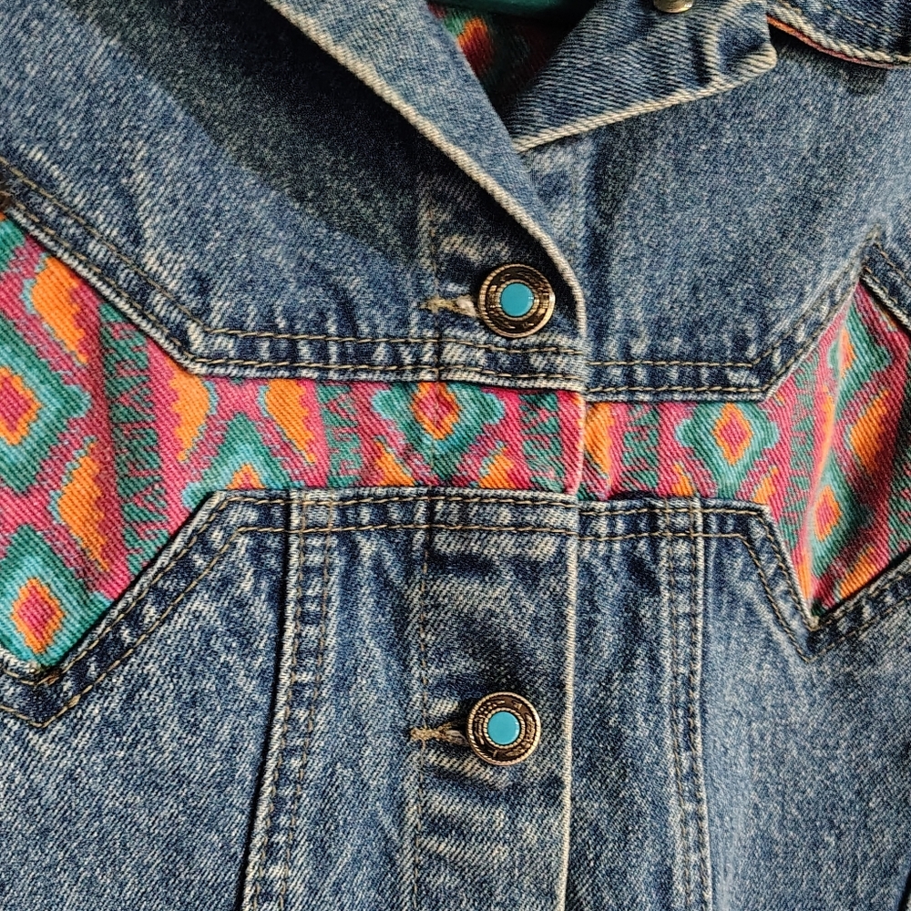 Denim Jacket with Colorful Pattern - image 1